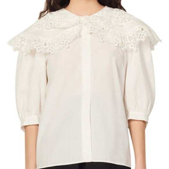 Sandro Angus Lace Collar Cotton Blouse in Ecru White Size 4 (US 10)  6263 - Picture 1 of 4